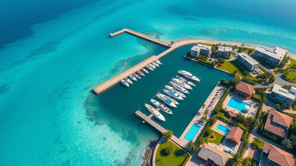Aerial view of exclusive waterfront luxury residential development with manicured grounds, pristine pools, and yacht-lined marina meeting turquoise ocean waters, photorealistic daytime shot