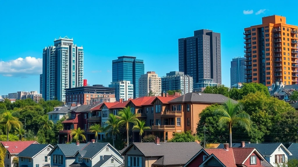 Contrast image showing luxury high-rise buildings in background with older residential neighborhood buildings in foreground, depicting gentrification transition, realistic urban landscape