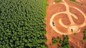 Aerial view of deforestation contrast: lush tropical rainforest on left side transitioning to cleared land with heavy machinery and logging operations on right side, showing the direct impact of resource extraction on biodiversity
