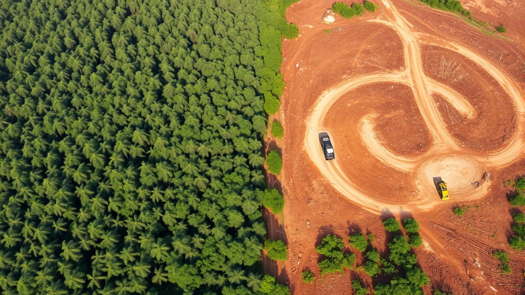 Aerial view of deforestation contrast: lush tropical rainforest on left side transitioning to cleared land with heavy machinery and logging operations on right side, showing the direct impact of resource extraction on biodiversity