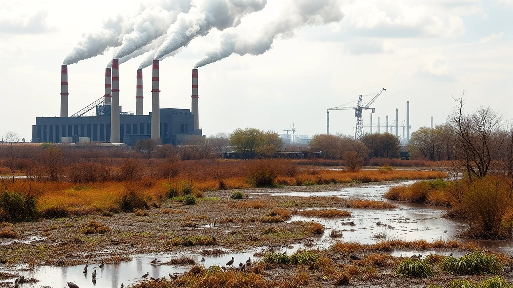 Industrial factory complex with multiple smokestacks emitting smoke alongside nearby natural wetland ecosystem with birds and vegetation, illustrating the juxtaposition of economic production and environmental degradation