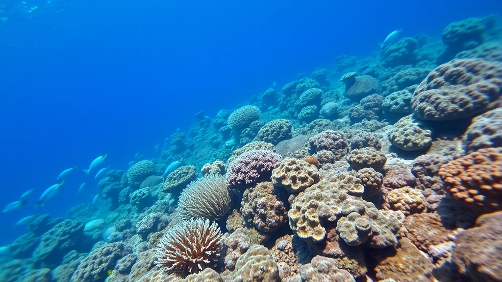 Underwater coral reef ecosystem showing bleached and dying corals mixed with healthy vibrant corals, representing climate change and pollution impacts from economic growth on marine biodiversity