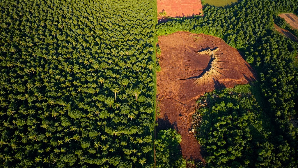Aerial view of deforestation contrast: intact rainforest adjacent to cleared agricultural land with erosion patterns visible, tropical setting, afternoon light casting shadows