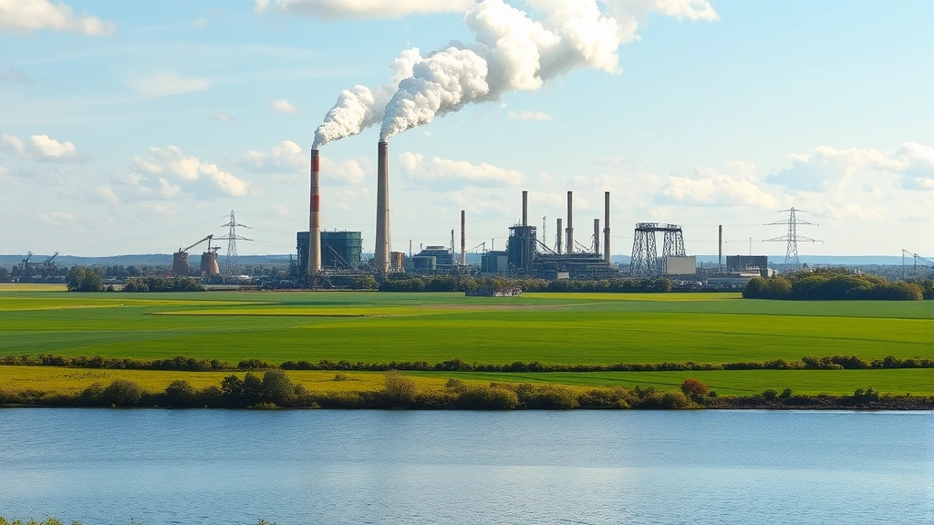 Industrial manufacturing facility with visible emission plumes rising into sky, surrounded by green fields and water body, showing scale of industrial impact on landscape