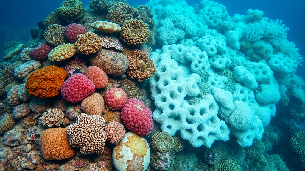 Underwater coral reef ecosystem displaying both healthy vibrant corals and bleached white coral sections side-by-side, illustrating climate change impacts on marine biodiversity