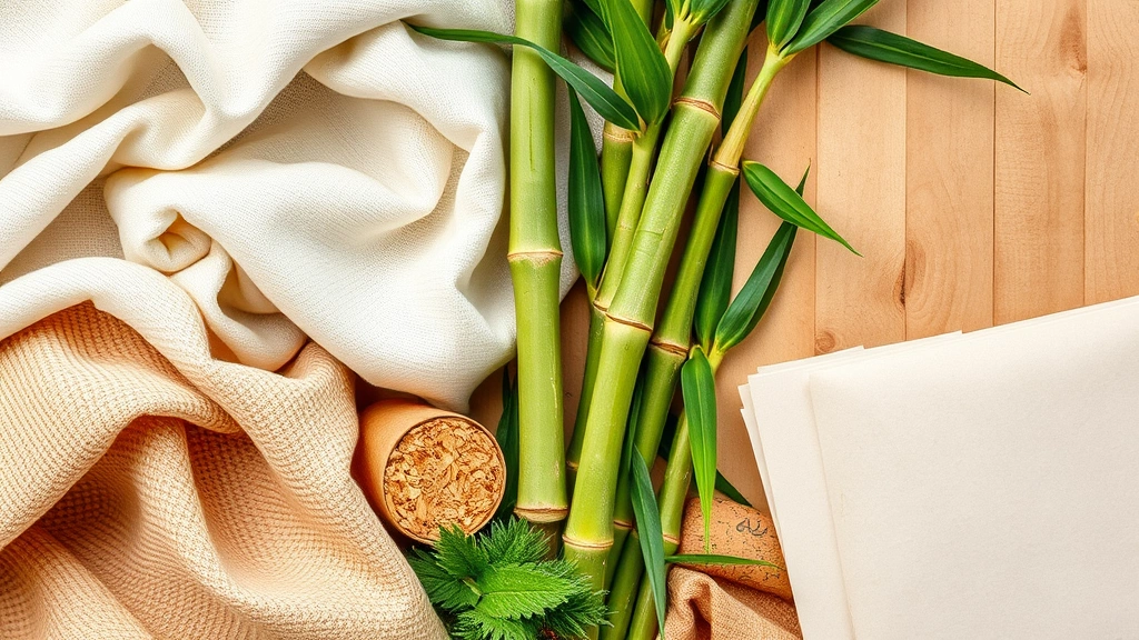 Photorealistic image of diverse sustainable product materials arranged naturally: organic cotton fabric, bamboo stalks, recycled paper, cork, and wooden surfaces with natural lighting showing texture and quality without any text or labels visible