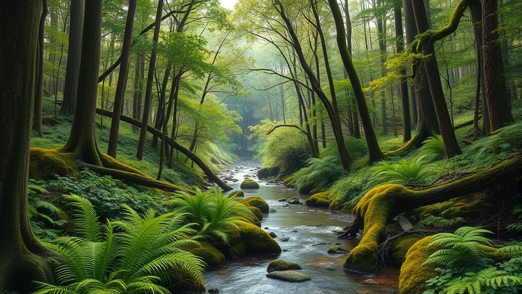 Photorealistic photograph of a lush forest ecosystem with clear stream flowing through, demonstrating healthy biodiversity with trees, ferns, and wildlife in their natural habitat, emphasizing ecological health and regeneration