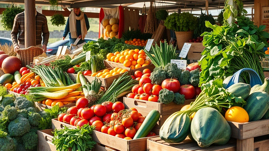 Photorealistic image showing farmer's market abundance with fresh organic produce, vegetables, and locally grown fruits displayed in wooden crates and baskets, capturing natural sunlight and earth tones without price tags or signage
