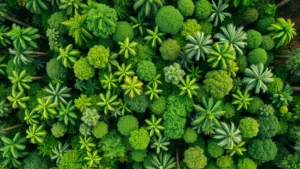 Aerial view of diverse tropical forest canopy with multiple tree species, vibrant green colors, showing ecosystem complexity and biodiversity in natural lighting