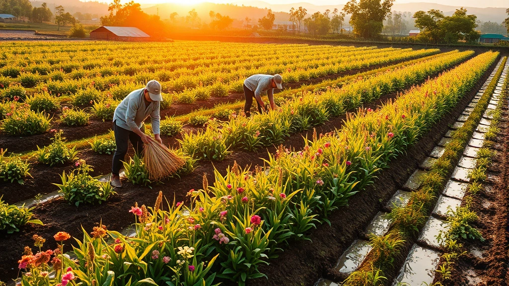 Agricultural workers harvesting crops in a lush, biodiverse farming landscape with flowering plants and natural water features, golden hour sunlight, healthy soil visible
