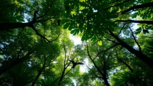 Lush forest canopy viewed from below with sunlight filtering through leaves, showing dense biodiversity with birds and wildlife, representing ecosystem economic value and natural capital services in tropical environment