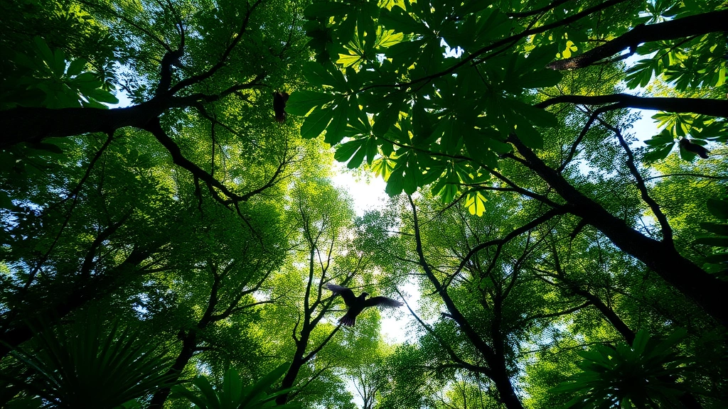 Lush forest canopy viewed from below with sunlight filtering through leaves, showing dense biodiversity with birds and wildlife, representing ecosystem economic value and natural capital services in tropical environment