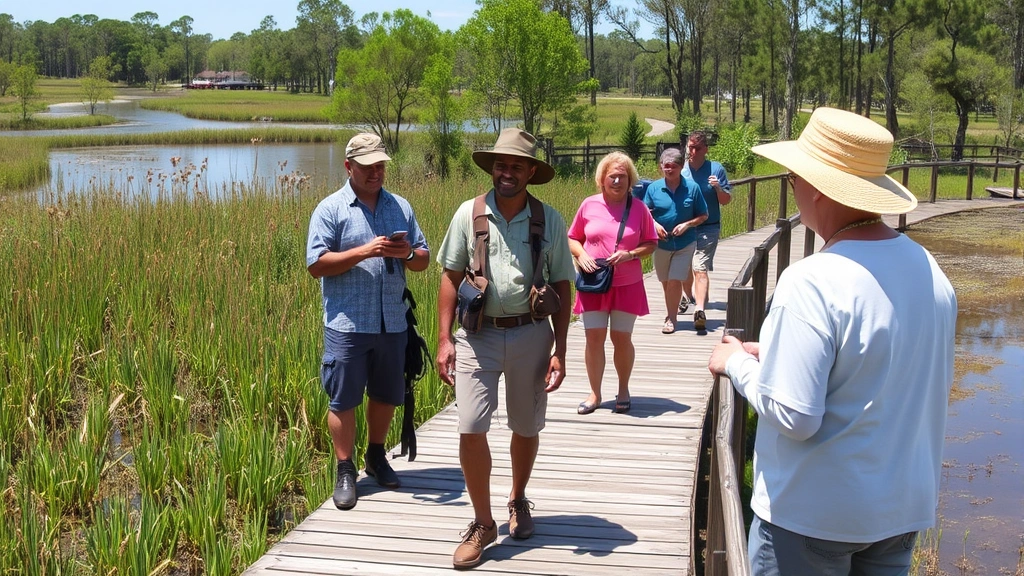 Vibrant community ecotourism scene with local guides leading visitors through restored wetland boardwalk, featuring restored habitat, native plants, and wildlife in background, showing economic activity and ecosystem restoration benefits