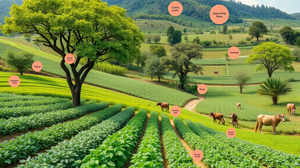 Sustainable agricultural landscape showing diverse agroforestry with shade-grown crops, integrated livestock, native trees, and farmers working together, representing regenerative farming economics and biodiversity-friendly production systems