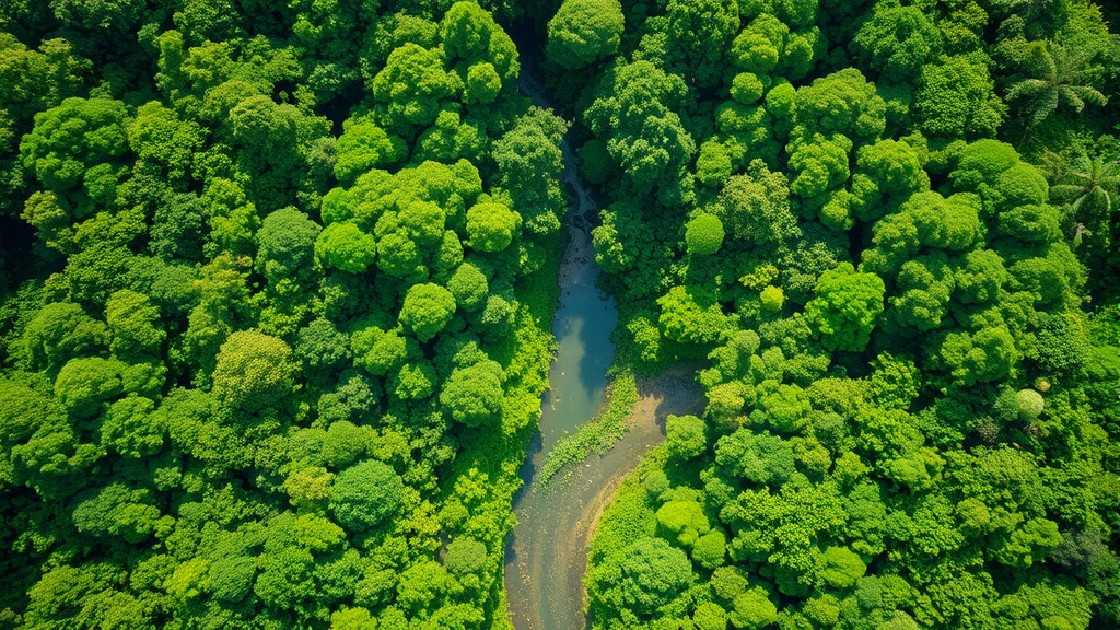 Aerial view of pristine rainforest canopy with a winding river, lush green vegetation creating natural patterns, bright sunlight filtering through, no visible human structures or text, photorealistic tropical landscape