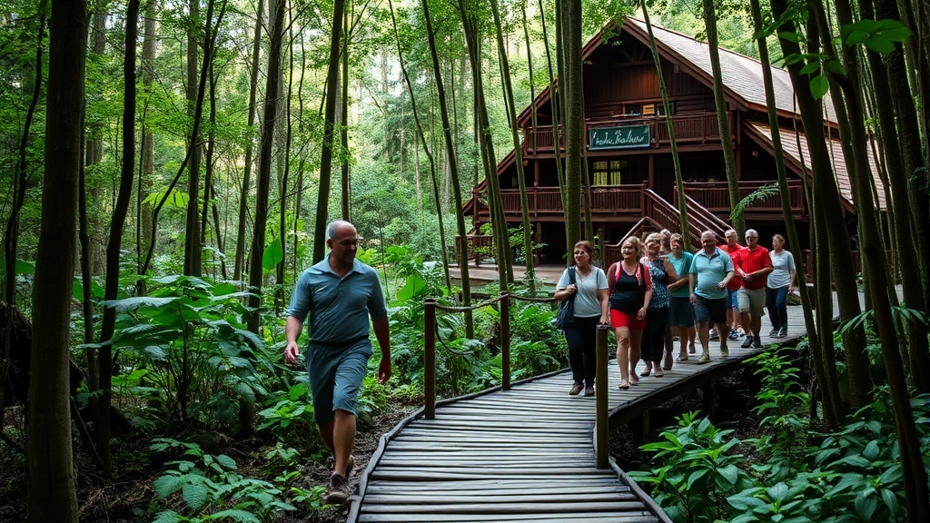 Local guide leading group of tourists through dense forest trail, diverse visitors experiencing nature walking on wooden boardwalk, authentic eco-lodge architecture in background, natural lighting, no signage visible, genuine ecotourism experience