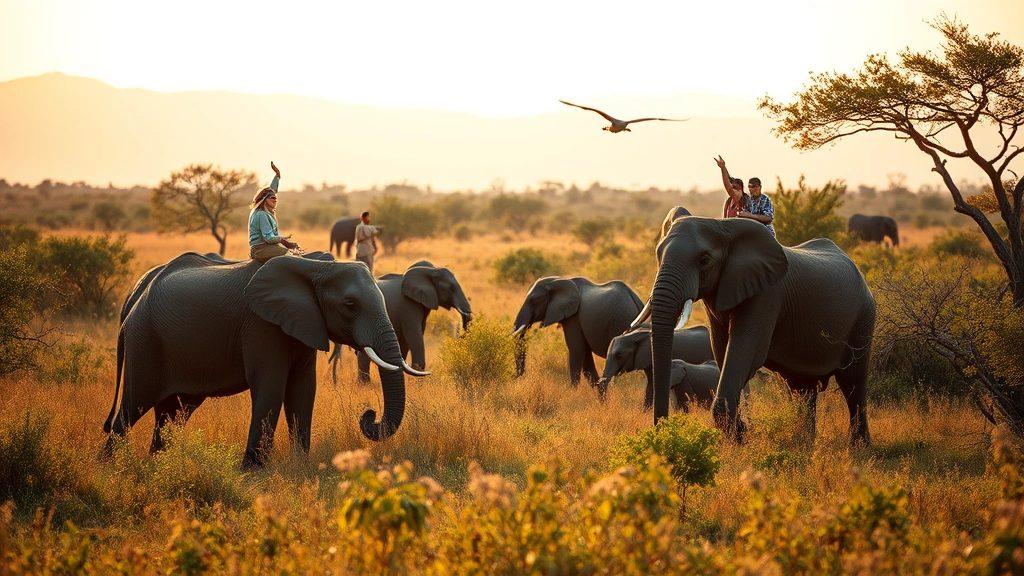 Majestic wildlife in natural habitat—elephants, birds, or similar megafauna—in their ecosystem with tourists observing respectfully from distance, golden hour lighting, pristine natural environment, no artificial elements or text visible