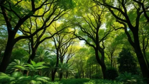 Lush biodiverse forest canopy with multiple tree layers, dappled sunlight, rich understory vegetation showing ecosystem complexity and natural capital wealth, photorealistic, no text