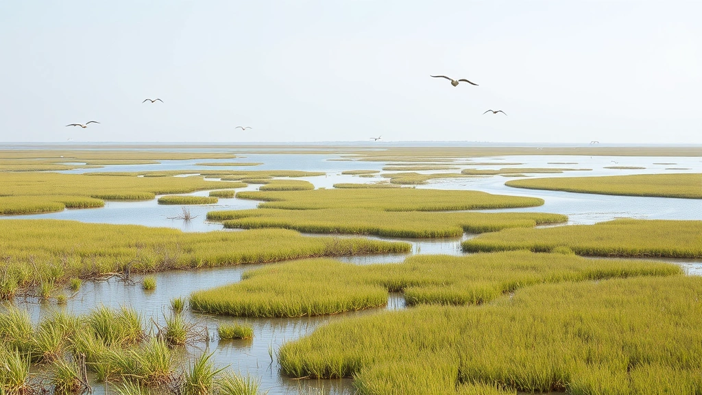 Coastal wetland landscape with mangroves, salt marsh grasses, shallow water channels, migratory birds, demonstrating ecosystem service provision and biodiversity habitat, photorealistic, no text