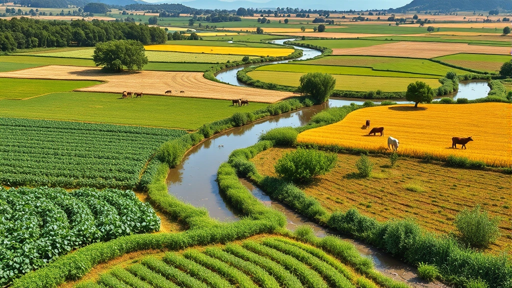 Restored agricultural landscape with diverse crops, grazing livestock, native vegetation corridors, water features, showing regenerative farming practices and ecological-economic integration, photorealistic, no text