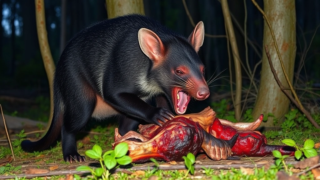 A powerful Tasmanian devil feeding on carrion in native eucalyptus forest at dusk, showing muscular body and fierce expression, with natural undergrowth and shadows visible