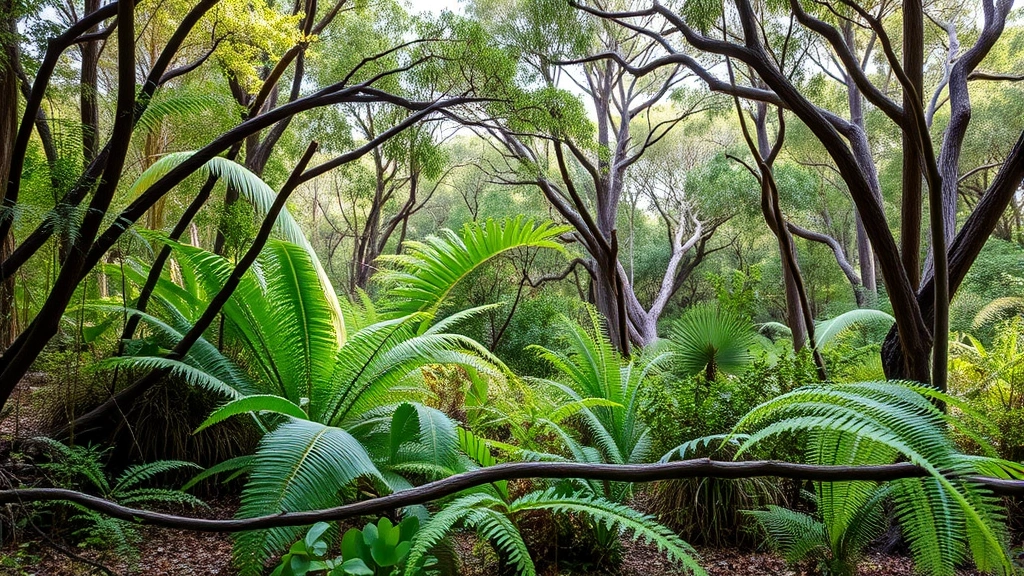 Dense Australian bushland understory with varied native vegetation including ferns and shrubs, showing healthy ecosystem structure with natural light filtering through canopy