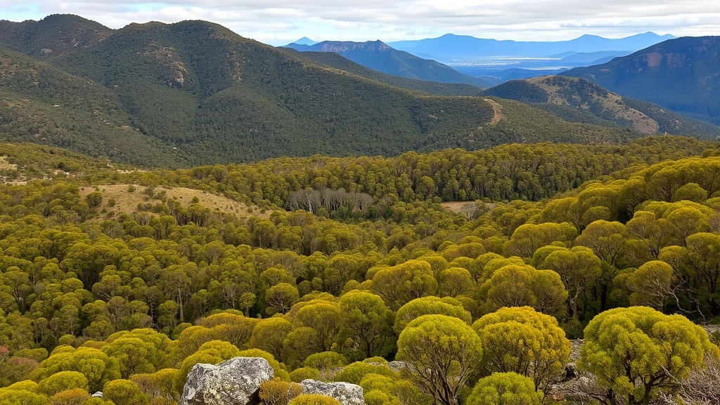 Landscape view of Tasmanian wilderness featuring mixed eucalyptus forest, rolling terrain, and natural vegetation patterns demonstrating ecosystem complexity and biodiversity