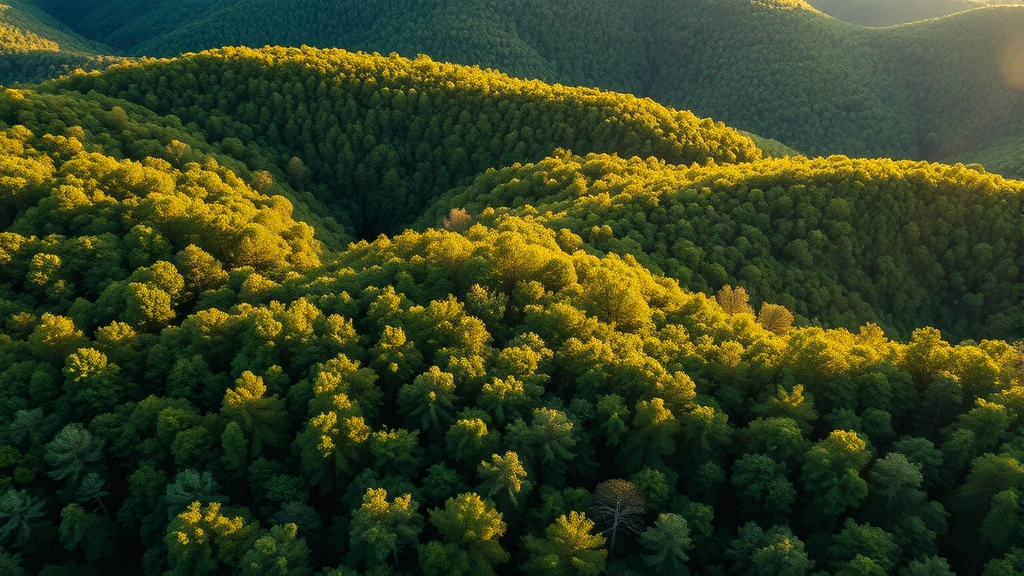 Aerial view of lush Tennessee forest canopy showing diverse green vegetation with rolling hills during golden hour sunlight, natural temperate forest ecosystem