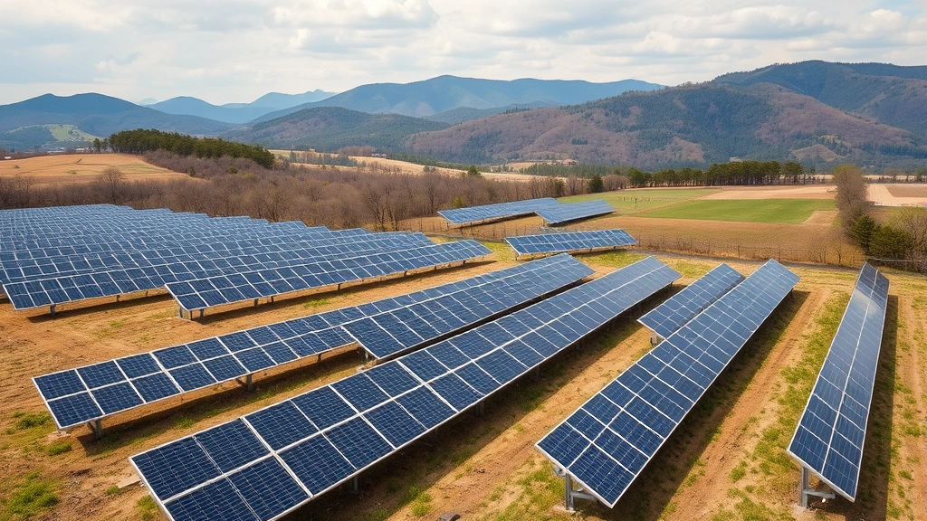 Modern solar panels installed on agricultural fields in Tennessee landscape with mountains in background, renewable energy infrastructure among natural terrain