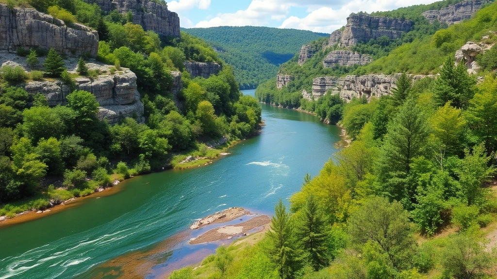 Scenic Cumberland River flowing through limestone valleys with native vegetation, freshwater ecosystem providing water infrastructure and natural beauty