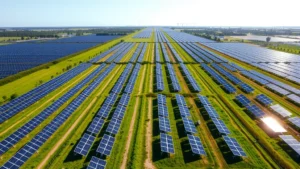 Aerial view of large-scale solar farm with rows of photovoltaic panels stretching across green landscape under bright sunlight, photorealistic high resolution