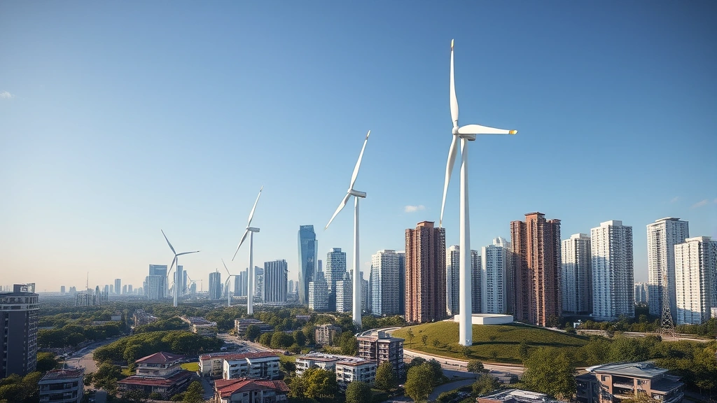 Urban renewable energy infrastructure showing wind turbines integrated into modern city skyline with residential buildings and green parks, photorealistic daytime