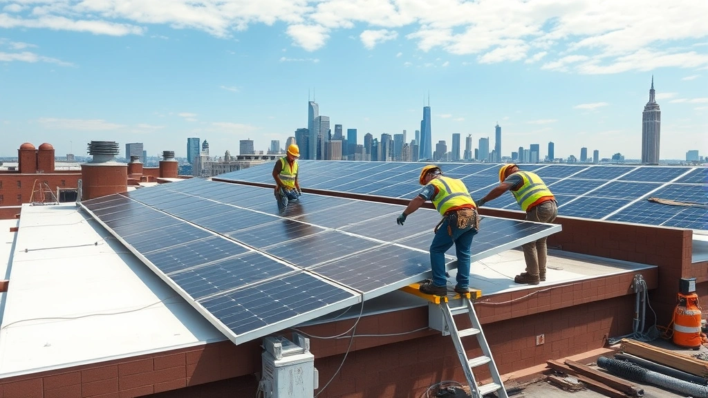 Workers installing solar panels on commercial building rooftop with city skyline visible in background, professional construction setting photorealistic