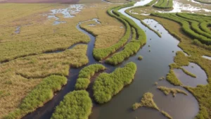 Aerial view of restored wetland ecosystem with water channels, native vegetation, and wildlife habitat transitioning from agricultural land to natural state, showing environmental variable restoration