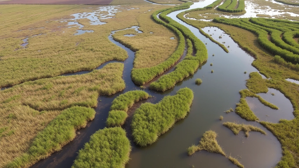 Aerial view of restored wetland ecosystem with water channels, native vegetation, and wildlife habitat transitioning from agricultural land to natural state, showing environmental variable restoration