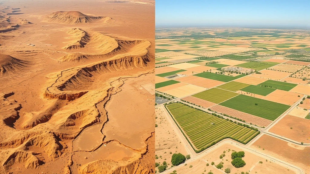 Comparison split-image showing degraded desert landscape on left and thriving irrigated agricultural region on right, illustrating large-scale terraforming environmental transformation with visible vegetation changes