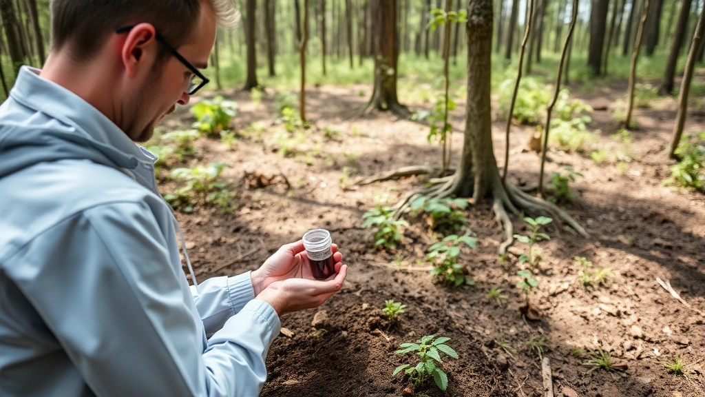 Scientist monitoring soil composition and ecosystem variables in forest restoration site, examining soil samples and vegetation recovery, representing ecological engineering and environmental variable assessment
