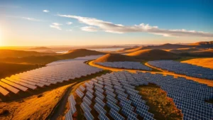 Aerial view of vast solar panel array stretching across rolling hills at golden hour, photorealistic, clean energy infrastructure landscape with blue sky and natural terrain