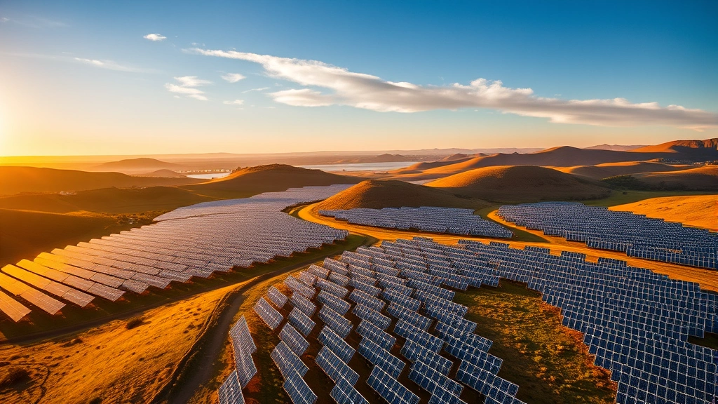 Aerial view of vast solar panel array stretching across rolling hills at golden hour, photorealistic, clean energy infrastructure landscape with blue sky and natural terrain