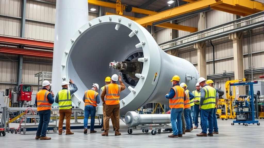 Workers installing wind turbine components in industrial facility, focused on mechanical assembly, diverse team in safety gear, professional manufacturing environment with precision equipment