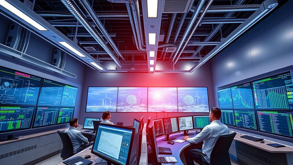 Modern smart grid control center with technicians monitoring renewable energy distribution systems, digital displays showing real-time energy flows, contemporary technology infrastructure in action