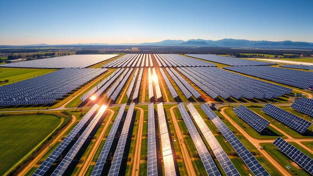 Aerial view of expansive solar farm with hundreds of photovoltaic panels gleaming under sunlight, surrounded by green agricultural fields, mountains visible in distant background, bright clear sky, photorealistic