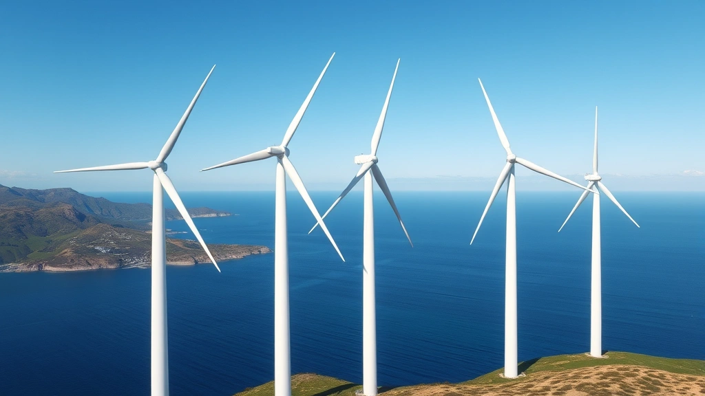 Modern wind turbines spinning in coastal landscape with ocean visible, white turbines against blue sky, natural seascape, green hills nearby, photorealistic high-resolution image