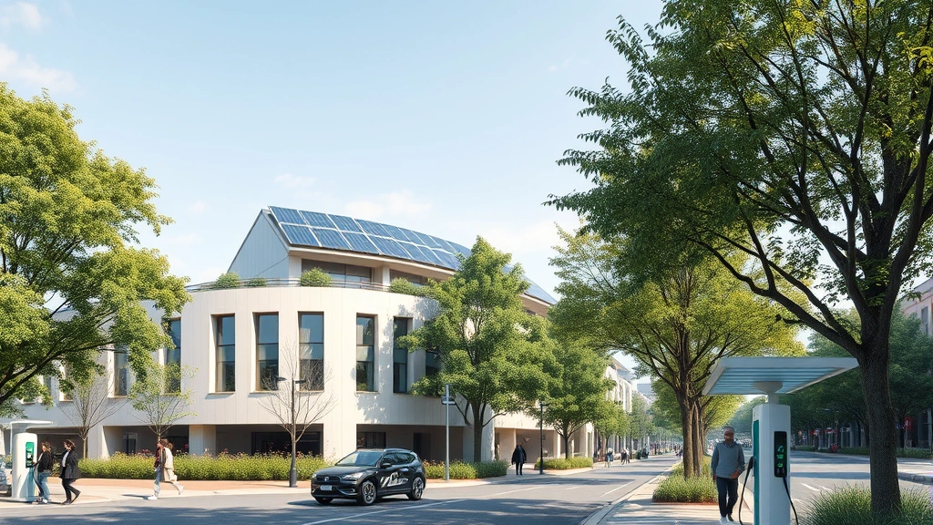 Urban sustainable infrastructure showing green building with solar panels on roof, electric vehicle charging station, tree-lined street with pedestrians, modern architecture blending nature integration, photorealistic daytime scene