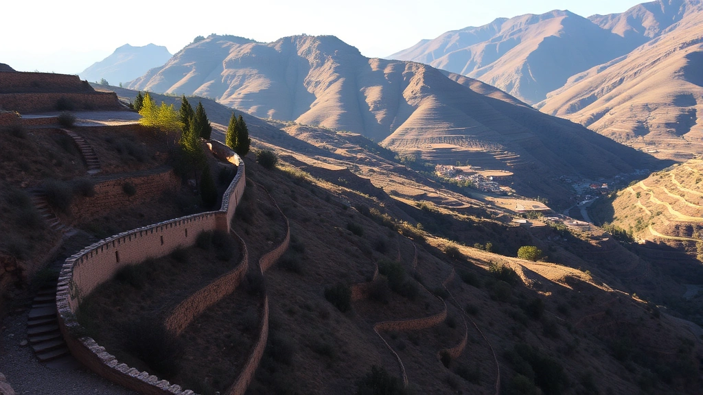 Terraced agriculture on steep Atlas Mountain slopes with traditional stone walls, cedar and walnut trees interspersed among cultivated fields, Berber village visible in valley below, afternoon sunlight creating dramatic shadows, North African landscape