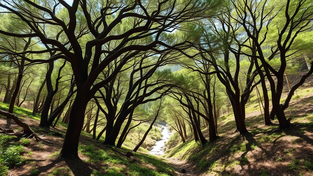 Forest ecosystem with endemic North African cedar trees, dense green canopy, filtered sunlight through branches, forest floor with rich undergrowth, mountain stream visible in background, pristine wilderness landscape