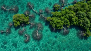 Aerial view of restored mangrove forests meeting crystal-clear coastal waters, showing dense root systems and thriving aquatic life, photorealistic daylight
