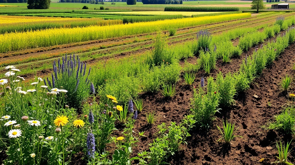 Biodiverse agricultural landscape with mixed crops, wildflowers, pollinators, and healthy soil in sunlight, showing sustainable farming productivity