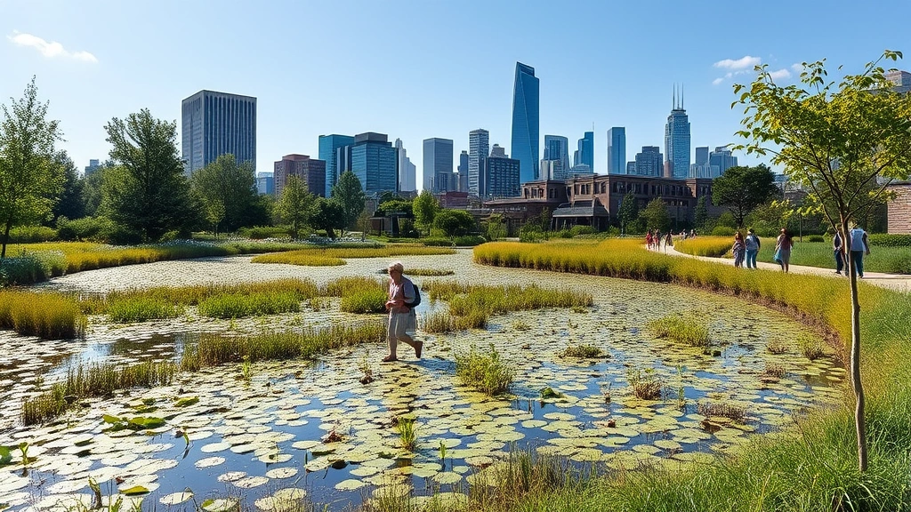Urban park with restored wetland, native vegetation, visitors enjoying green space, modern city skyline in background, professional photography