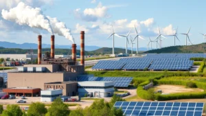Industrial manufacturing facility with visible emissions transitioning toward renewable energy infrastructure with solar panels and wind turbines in background, showing environmental transformation in progress